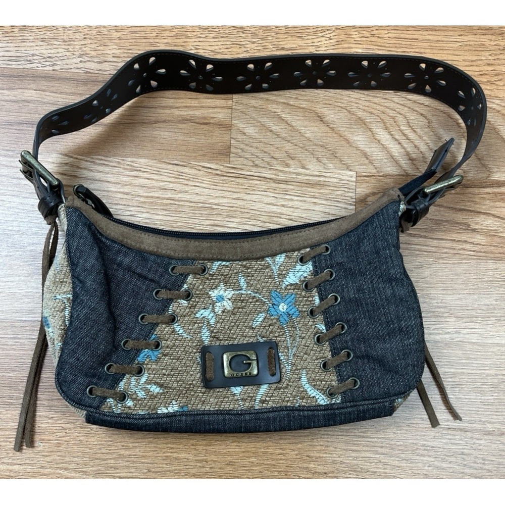 Vintage Y2K Guess‎ Shoulder Bag Denim, Suede, Small Purse Excellent